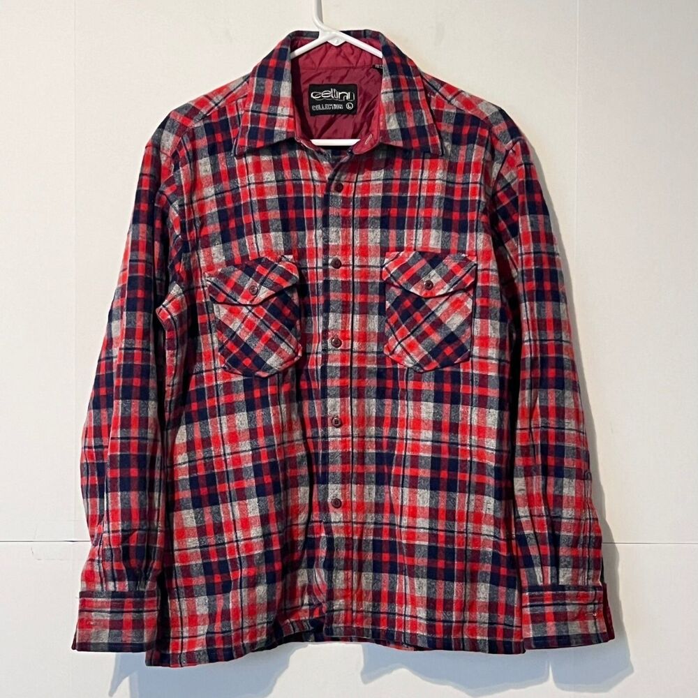 Vintage 80s 90s Cellini Mens Wool Nylon Flannel Shirt Size L Plaid Made In Korea